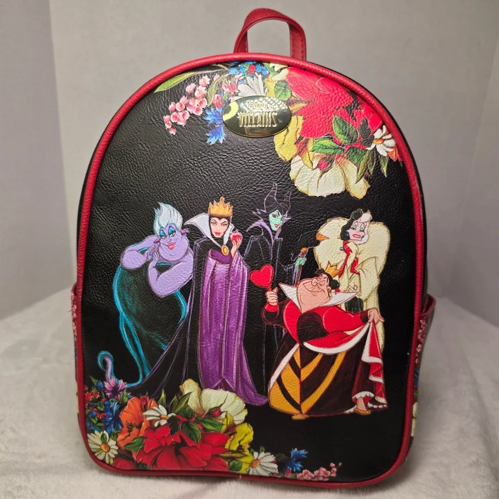 Disney‎ Villains Mini Backpack Black Red Floral Faux Leather Maleficent Ursula